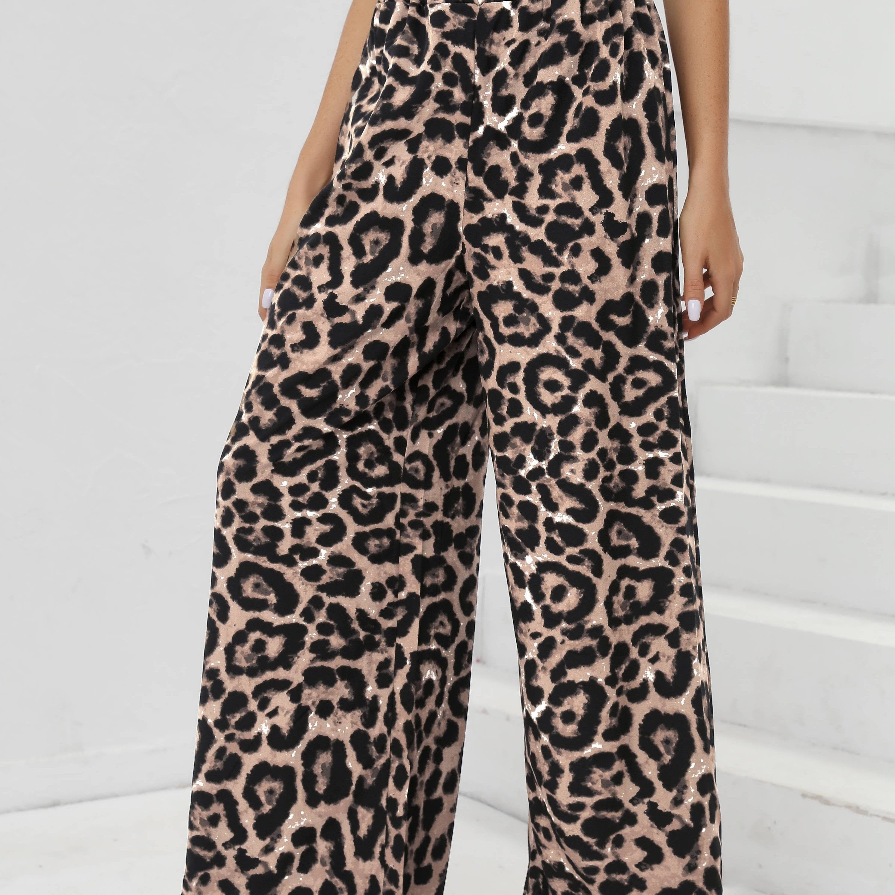 Leopard Print Wide Leg Pants High Waist Casual Elastic Women's Clothing