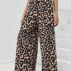 Leopard Print Wide Leg Pants High Waist Casual Elastic Women's Clothing