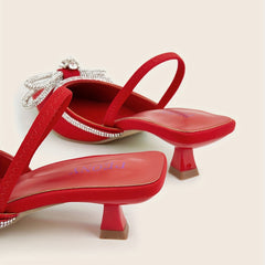 Rhinestone Bow Kitten Heel Slingback Sandals Dress Low Heels