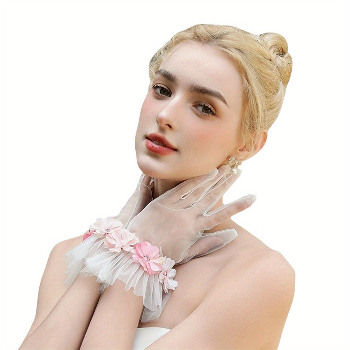 3D Floral Bridal Gloves Pastel Pink Soft Tulle Cuff Short Prom Special Occasions