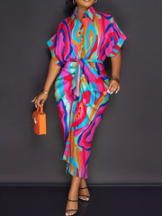 Abstract Print Polo Neck Shirt Dress With Pockets