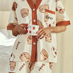 Bear Print Lounge Set Short Sleeve Top & Shorts Women's Loungewear