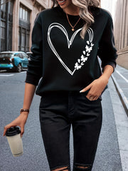 Heart Print Crew Neck Sweatshirt for Women
