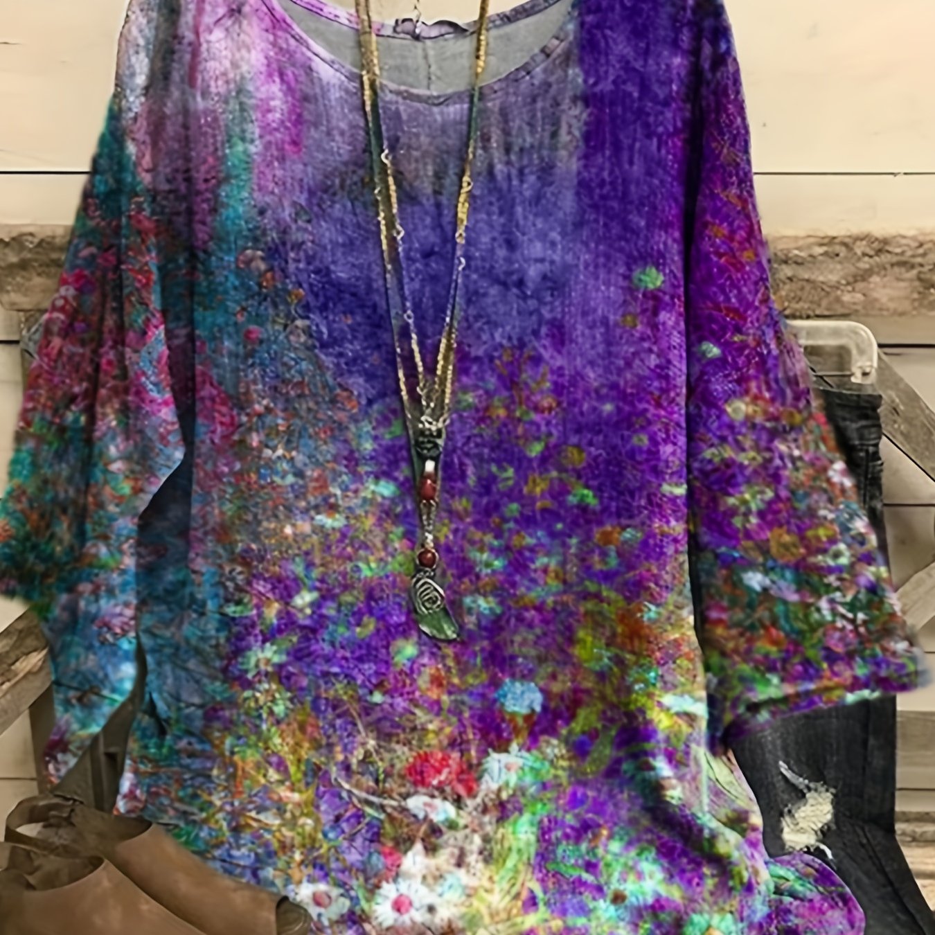 Casual Blouse Women's Plus Tie Dye Floral Print Long Sleeve Top