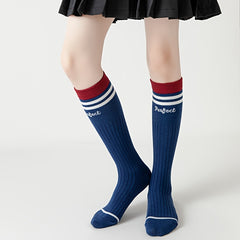 5 Pairs Girls Kids Knee High Calf Socks, Letters Print Striped, Spring Autumn