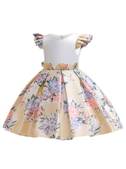 Girls Princess Dress Flying Sleeves Flowers Print Ruffles Performance Dress