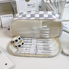 Large Gray Grid Pencil Case for School Supplies