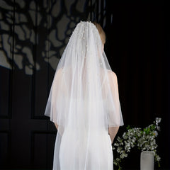 Vintage Double Layered Long Wedding Veil with Hand Embellished Sheer Bridal Veil