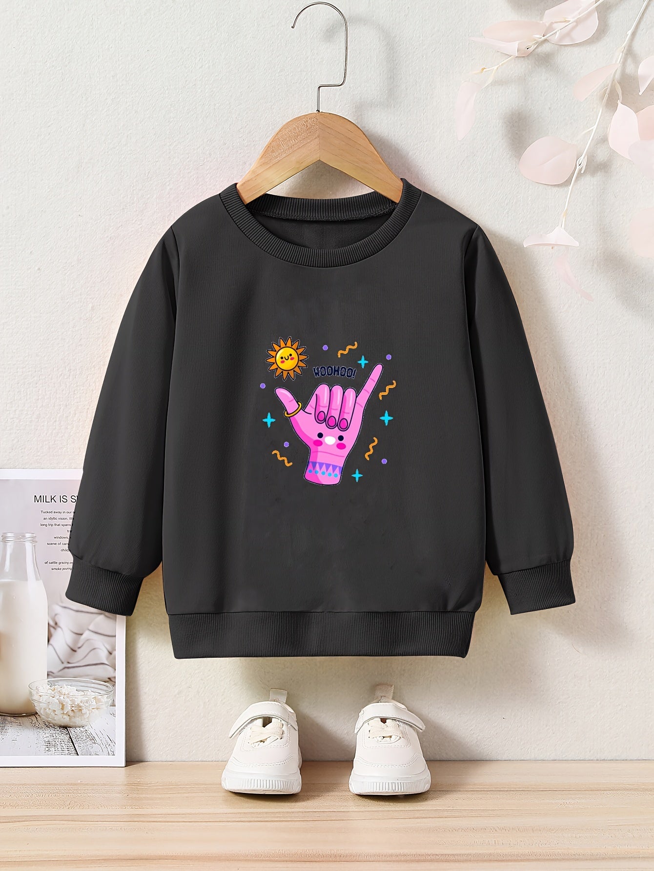 Cartoon Hand Print Girls Casual Pullover Sweatshirt