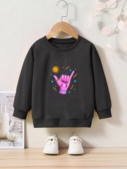 Cartoon Hand Print Girls Casual Pullover Sweatshirt