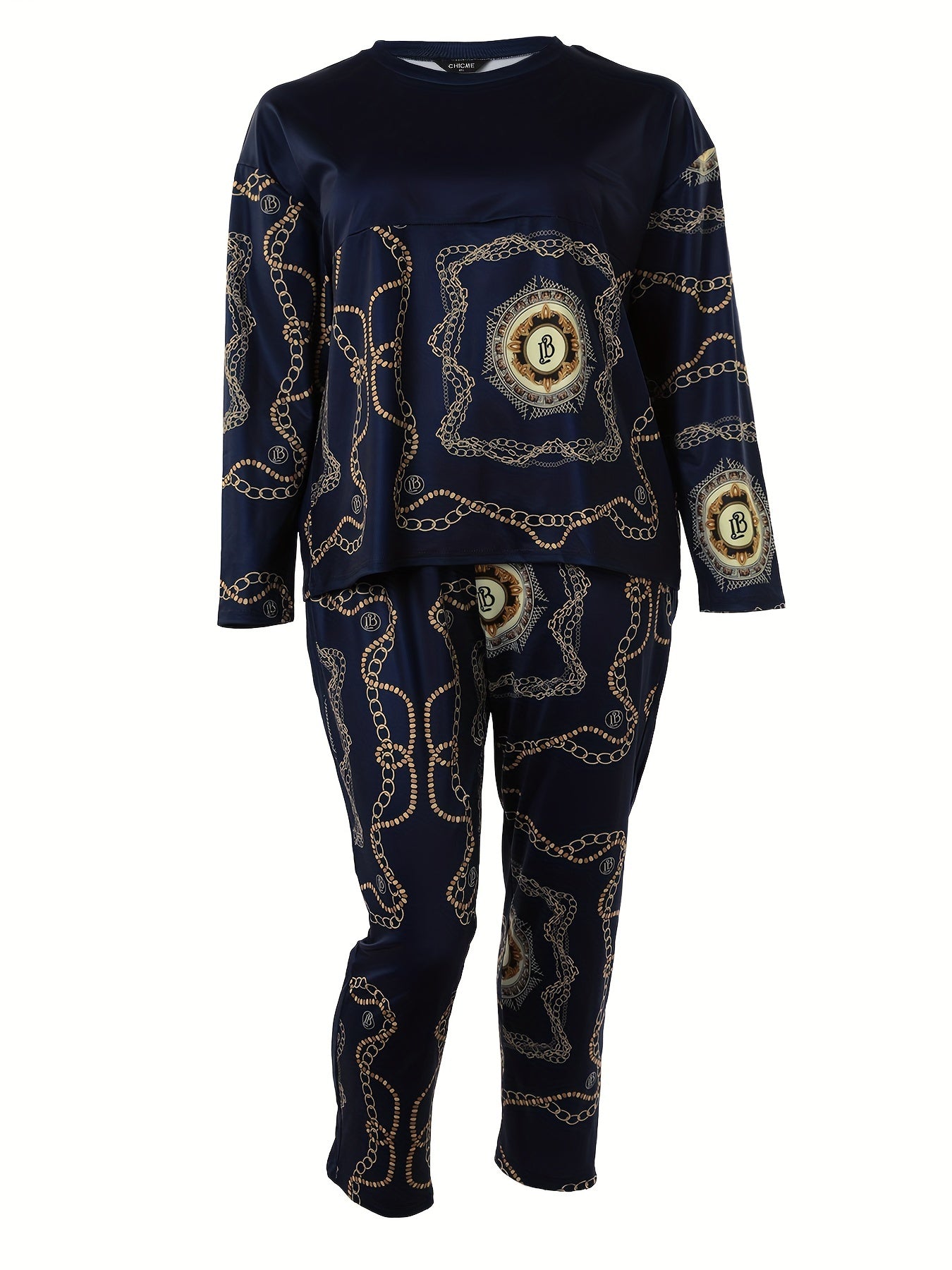 Geometric Print 2pcs Set, Long Sleeve Tops & Pants