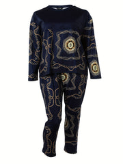 Geometric Print 2pcs Set, Long Sleeve Tops & Pants