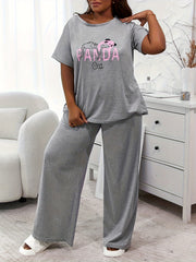 Plus Size Panda Cat Print Tee & Pants Pajama Set