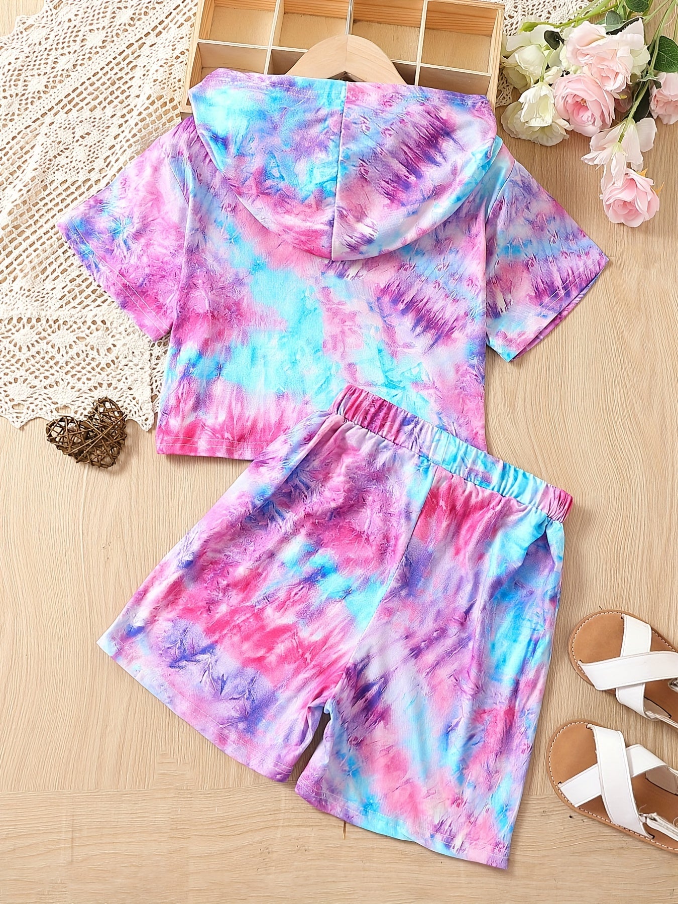 Girls' Tie Dyed Tracksuit Hooded T Shirt & Drawstring Shorts Set