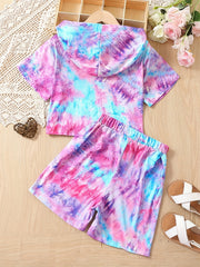 Girls' Tie Dyed Tracksuit Hooded T Shirt & Drawstring Shorts Set