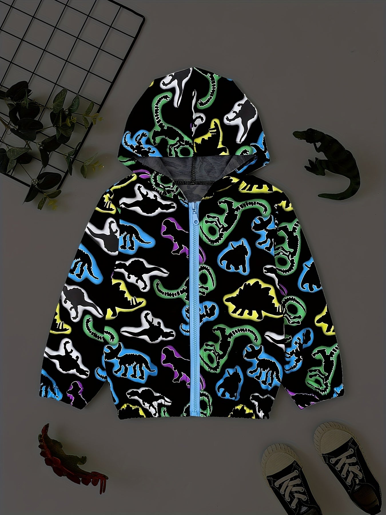 Boys Dinosaur Print Windbreaker Hooded Jacket Long Sleeve Zip Up