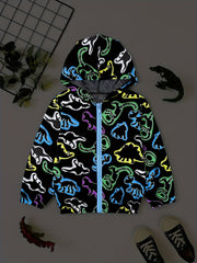 Boys Dinosaur Print Windbreaker Hooded Jacket Long Sleeve Zip Up