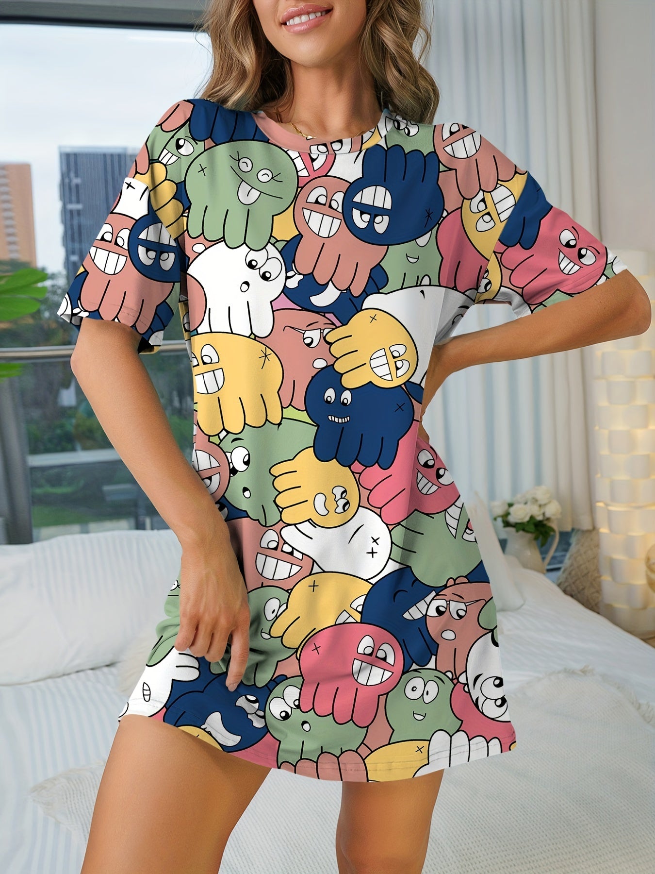 Octopus Print NightDress Short Sleeve Pajama Dress Women's Sleepwear