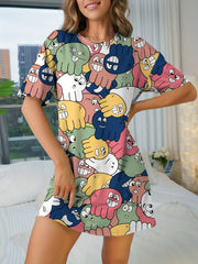 Octopus Print NightDress Short Sleeve Pajama Dress Women's Sleepwear