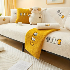 Winter Sherpa Cat Paw Sofa Slipcover Plush Embroidery Boho Furniture
