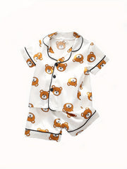 Girls Bear Pattern Pajama Set Short Sleeve Top & Shorts Kids Summer Clothes