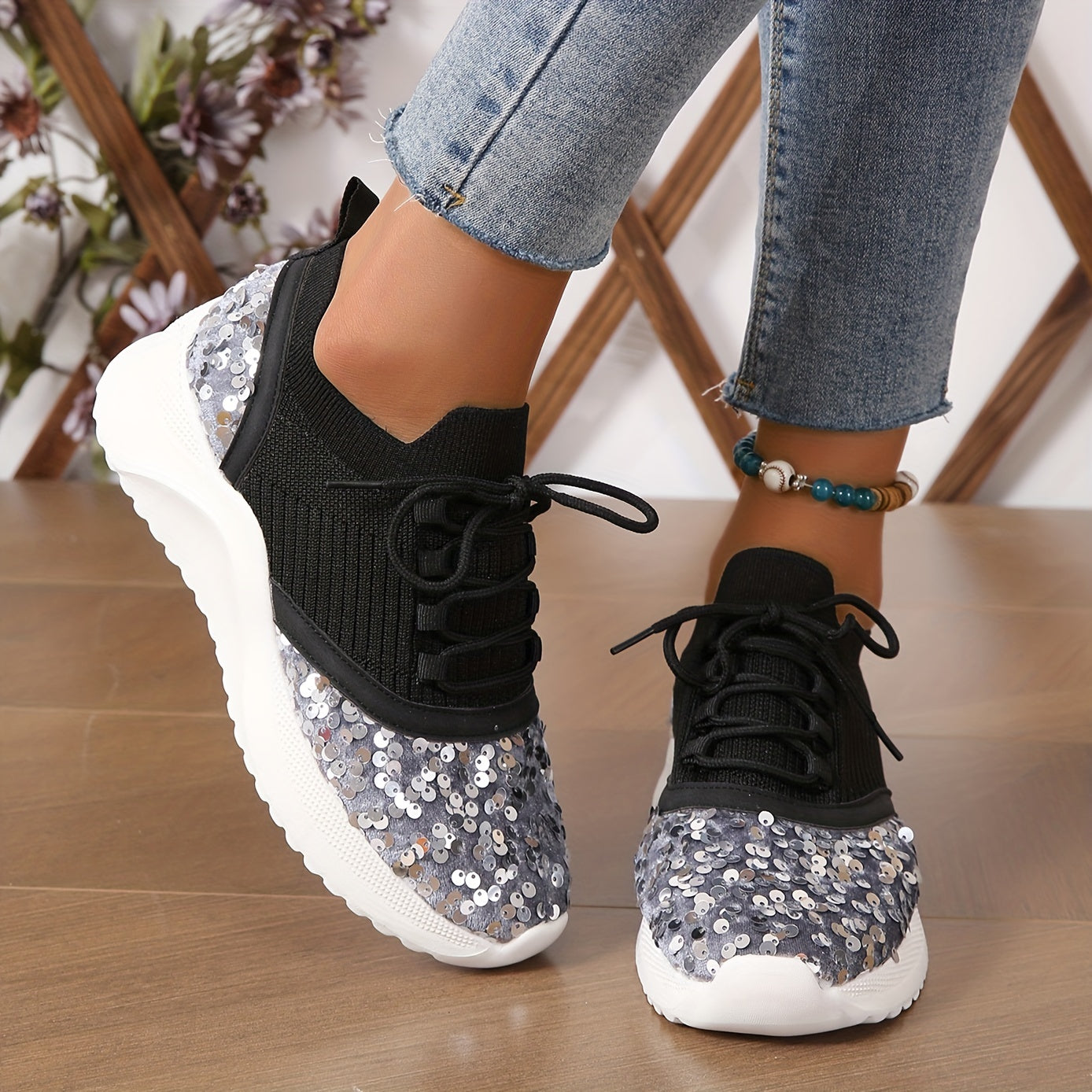 Women's Glitter Sequins Platform Sneakers Lace Up Outdoor Shoes