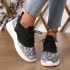 Women's Glitter Sequins Platform Sneakers Lace Up Outdoor Shoes