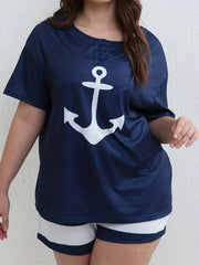 Anchor Print Tee & Colorblock Shorts Set