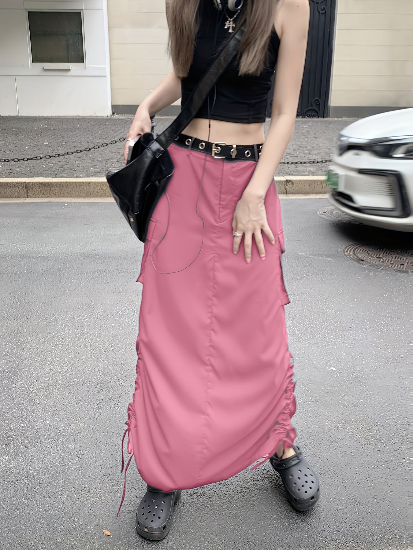 Drawstring Ruched Cargo Skirt with Flap Pockets