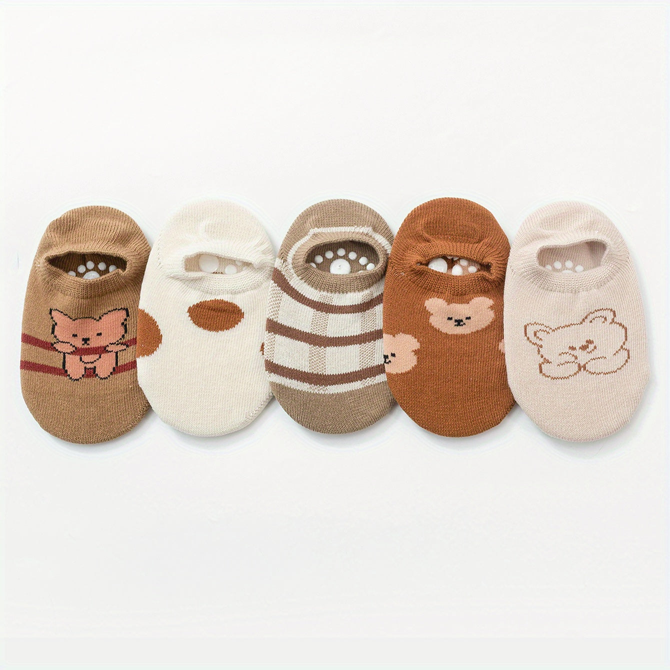 5 Pairs Unisex Cartoon Bear Boat Socks for Kids, Anti Slip Cotton Blend