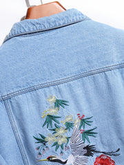 Men's Crane Embroidered Denim Jacket Hip Hop Style