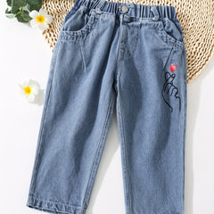Toddler Girls Heart Graphic Casual Denim Pants Trousers