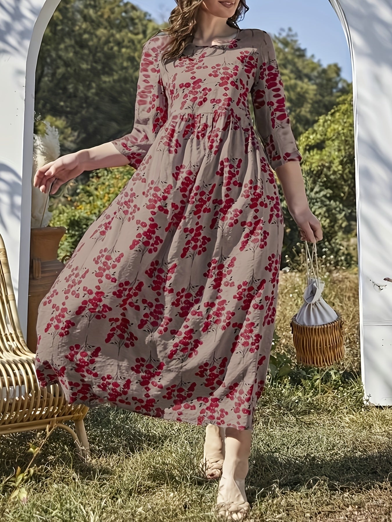 Boho Dress Women's Plus Floral Print Ruched Loose Fit Dress