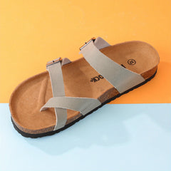 Women's Flat Cork Sandals Toe Loop Cross Strap Summer Sandals