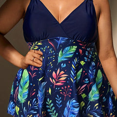 Vacay Tankini Set Women's Plus Tropical Print Ruched Top & Shorts