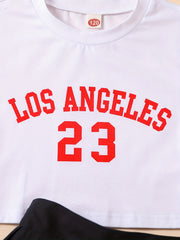 2pcs Girls LOS ANGELES Graphic Tee & Pleated Skirt Set Kids Summer Clothes