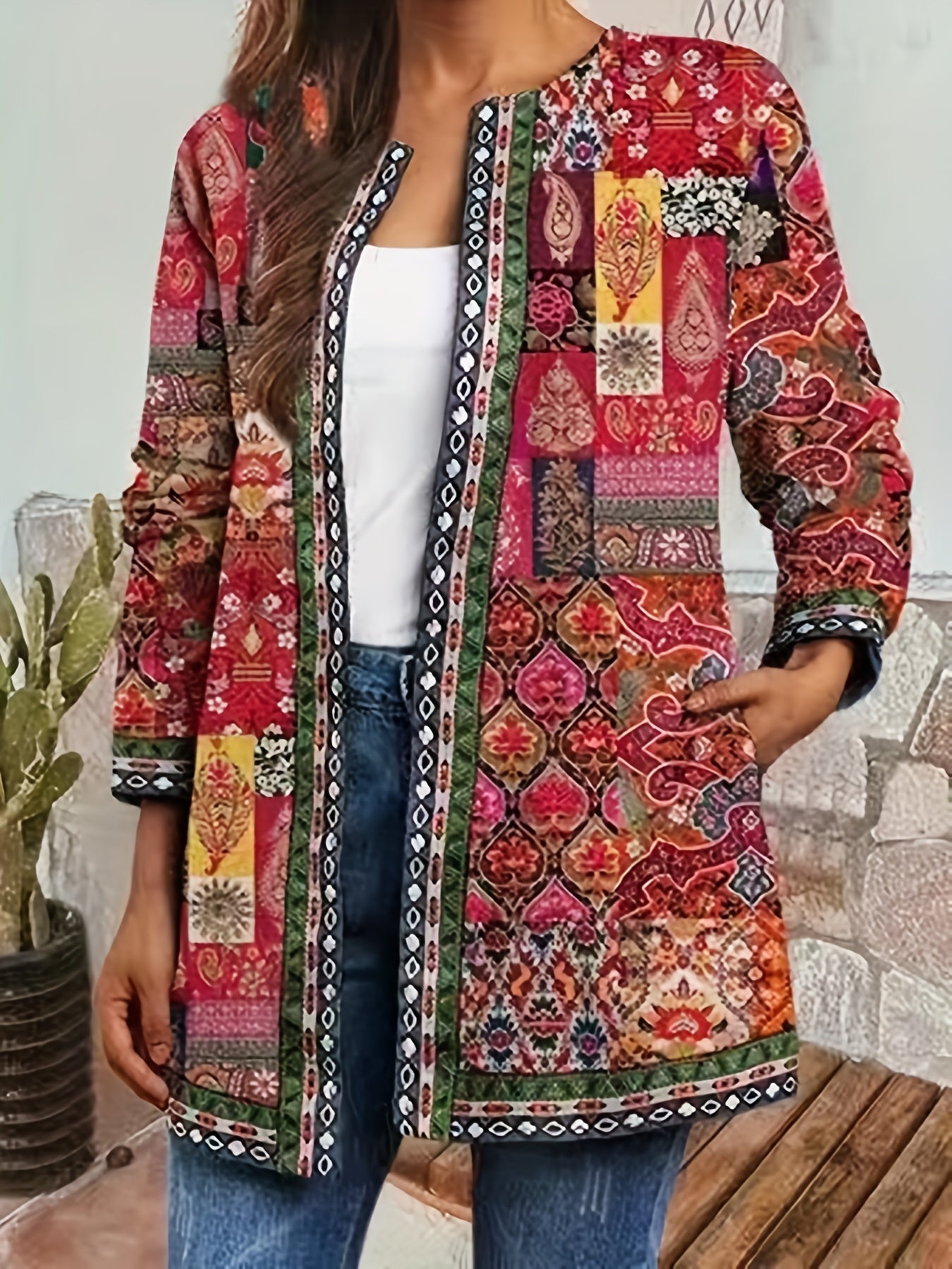 Graphic Print Open Front Jacket Casual Long Sleeve Jacket