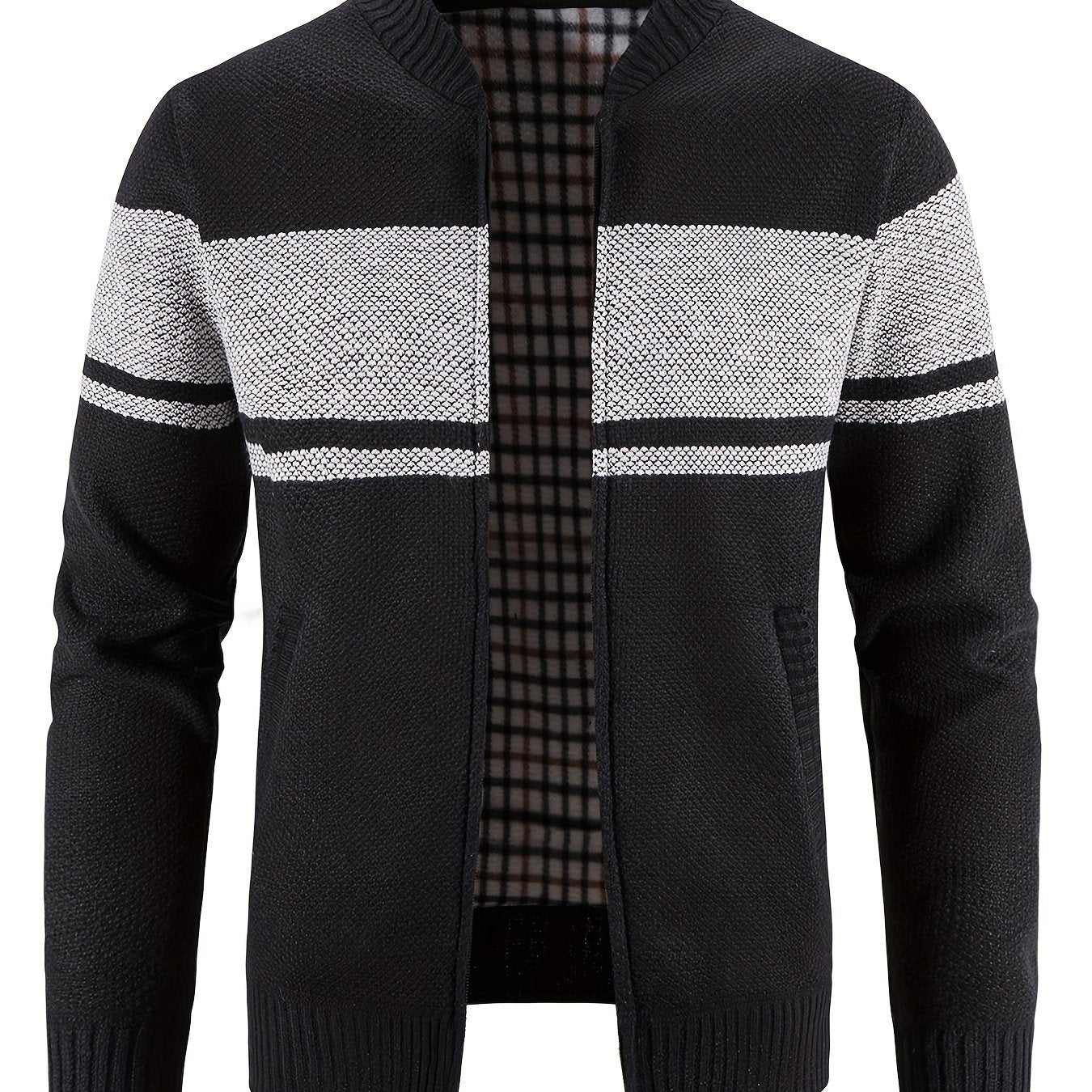 Block Band Collar Cardigan Men's Zip Up Jacket for Fall Winter