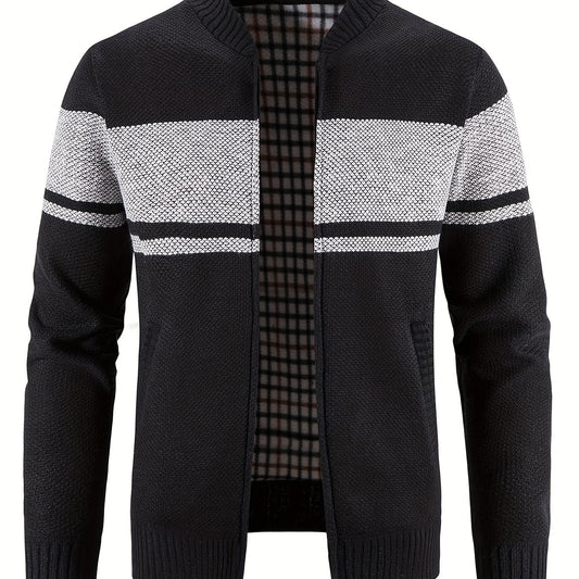 Block Band Collar Cardigan Men's Zip Up Jacket for Fall Winter