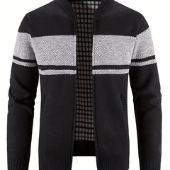 Block Band Collar Cardigan Men's Zip Up Jacket for Fall Winter