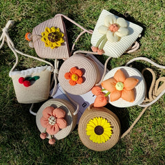Girls Straw Bag Coin Purse Flower Decor Shoulder Bag