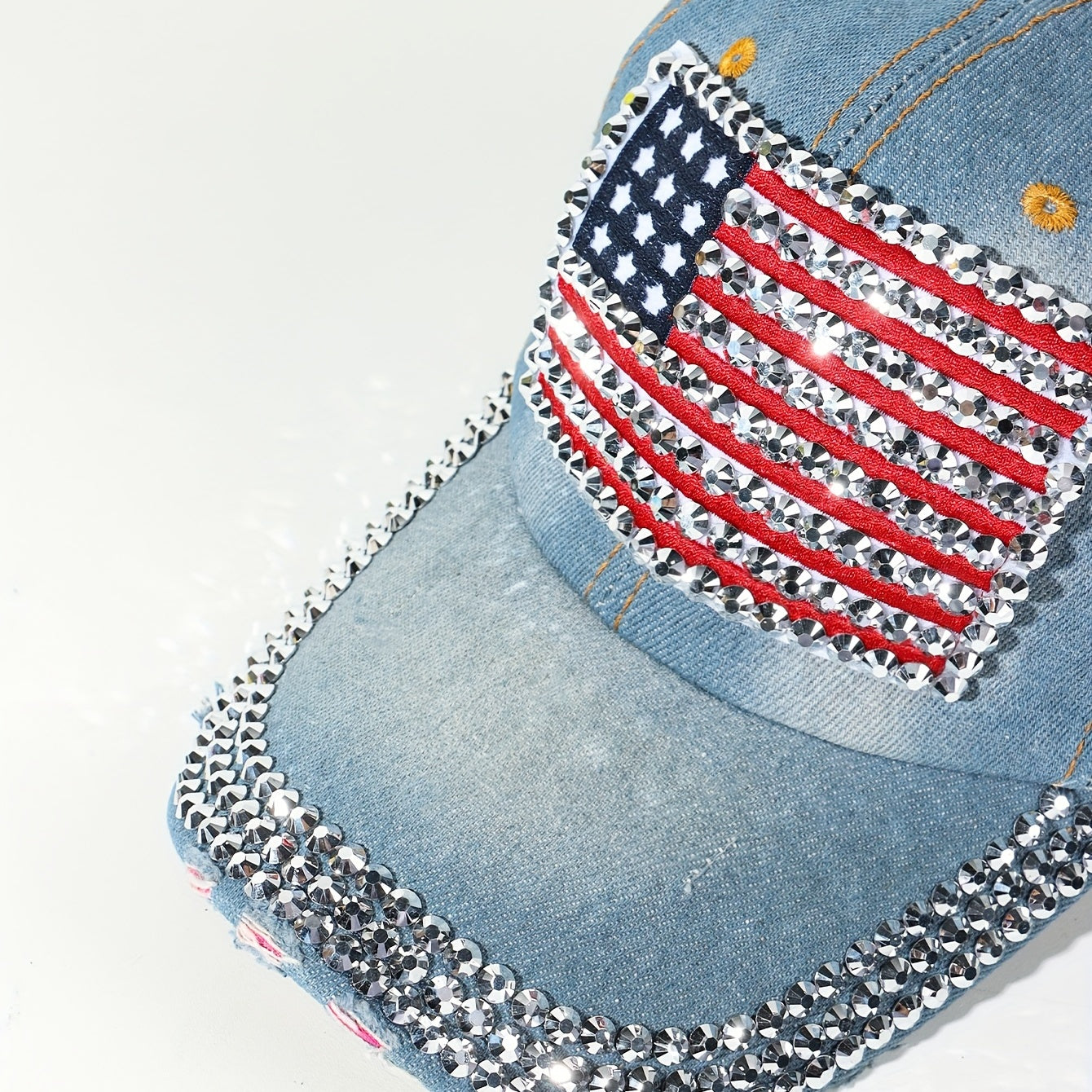 Rhinestone Flag Embroidery Baseball Cap Denim Y2K Hip Hop Sports Hat