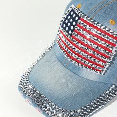 Rhinestone Flag Embroidery Baseball Cap Denim Y2K Hip Hop Sports Hat
