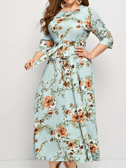 Floral Print Maxi Dress with Belt for Plus Size Women