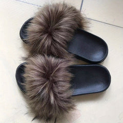 Women's Fluffy Flat Slides Open Toe Non Slip Indoor Slippers Furry Outdoor Shoes