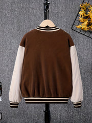 Kid's Preppy Style Fleece Varsity Jacket Letter C Patched Warm Coat