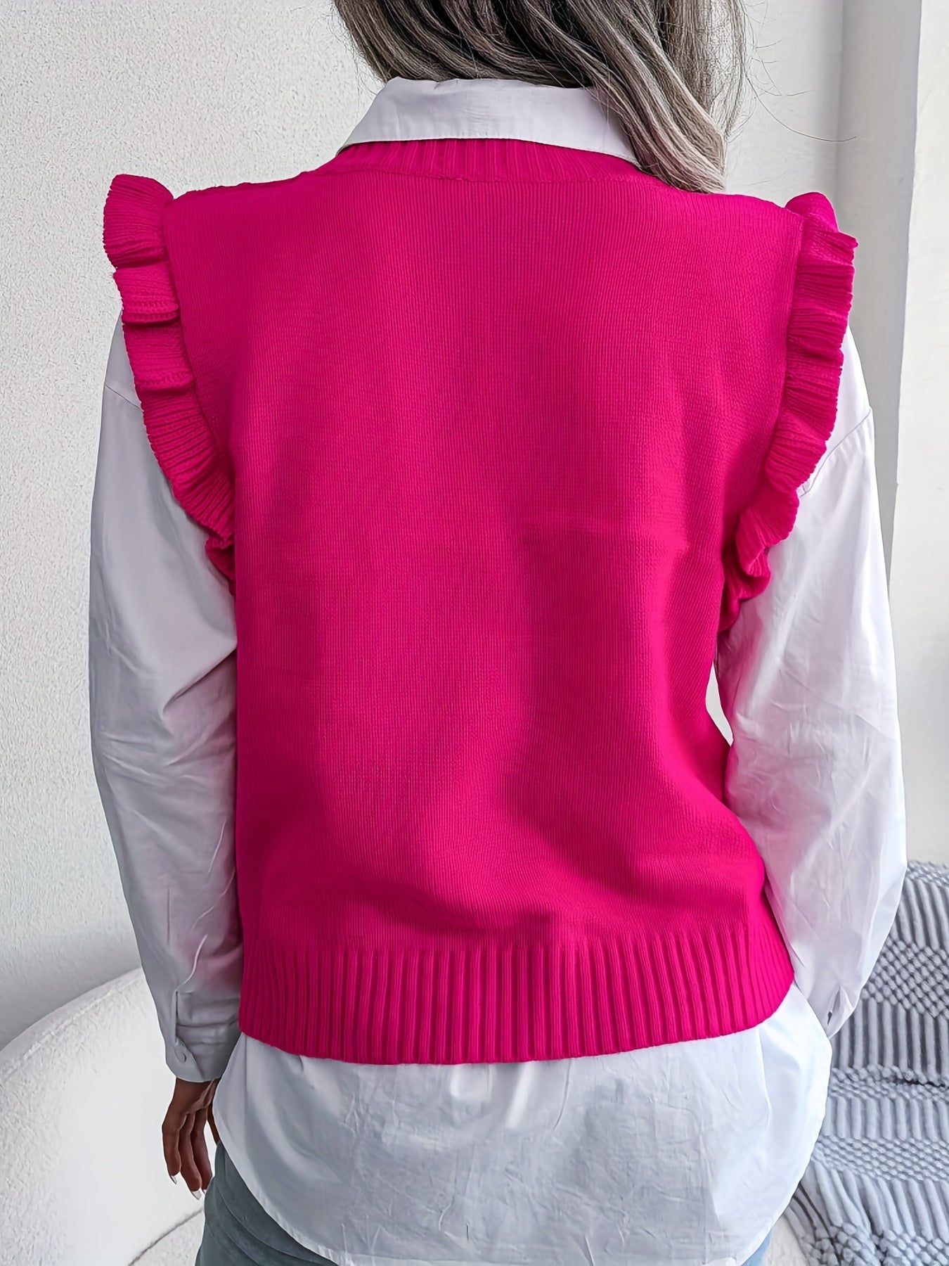 Women's Ruffle Trim Sleeve Polo Neck Knit Tops