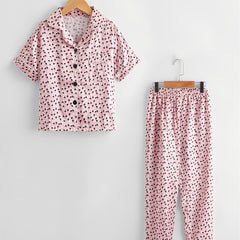 Girls' Pink Love Lapel Pajama Set, Short Sleeve Pants