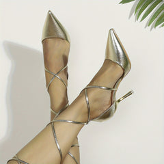 Lace Up Faux Leather Stiletto Heels Point Toe Pumps