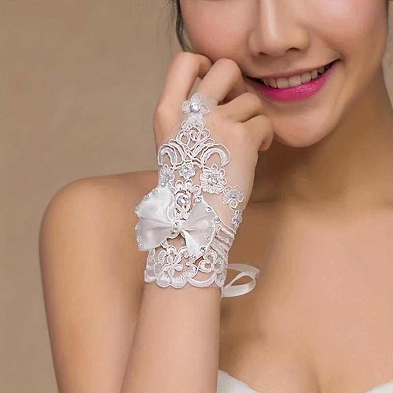 Bow Decor Embroidery Lace Short Gloves Wedding Bridal Fingerless Gloves